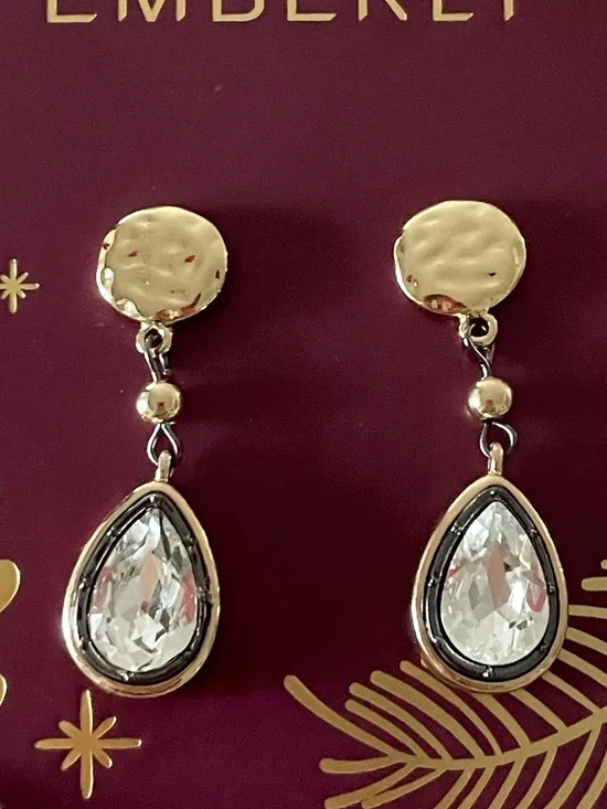 Emberly Hammered Circle Glass Stone Teardrop Dangle Earrings - Picture 2 of 3